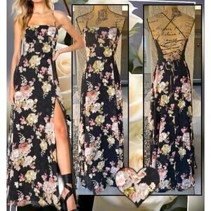 Lulus Favorable Charm Black Floral Jacquard Lace-Up Maxi Dress Size S